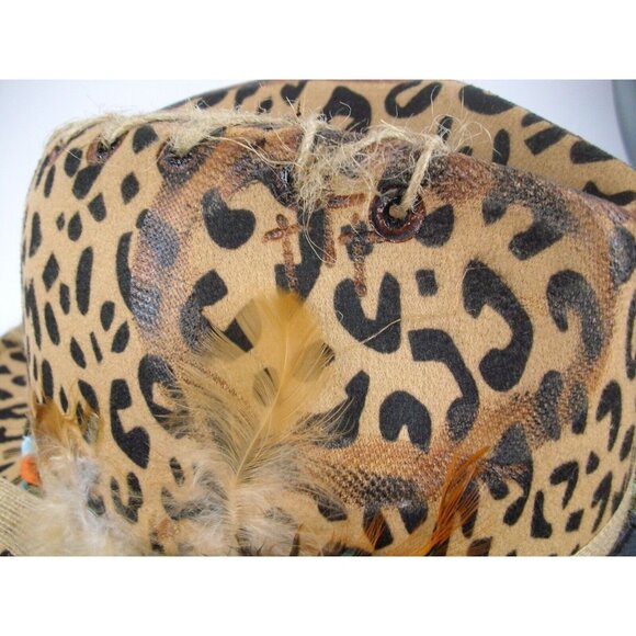 Leopard Print with Moss Agate, Macaw and Pheasant Feathers Fedora Womens Hat - Picture 3 of 5
